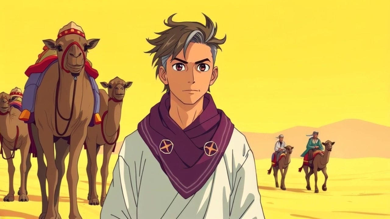 Subject: A caravan of camels trekking through the desert, featuring Nabi Yusuf AS amidst the travelers exuding a sense of wisdom and serenity. Subject Movement: The camels slowly plod forward while Nabi Yusuf AS maintains a calm and dignified posture, gazing ahead. Scene: Endless desert sands stretching into the horizon under the scorching sun, with distant dunes and a boundless sky overhead. Camera Language: Slow tracking shot alongside the caravan, capturing the vastness of the desert and the tranquil presence of Nabi Yusuf AS. Lighting: Golden hour sunlight casting warm, soft hues over the desert landscape, enhancing the mystical aura. Atmosphere: Reverent, timeless, and spiritual ambiance enveloping the scene as the caravan journeys across the unforgiving desert.