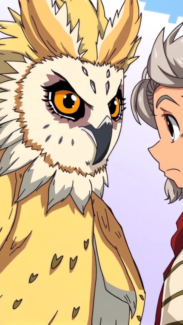 Subject: An owl-like creature with wise, attentive eyes and feathered wings, perched solemnly. Subject Movement: The creature nods in approval, acknowledging Salim. Scene: Enchanted forest setting, illuminated by dappled sunlight filtering through the canopy. Camera Language: Slow push towards the creature, focusing on its intricate features. Lighting: Soft, warm sunlight filtering through the foliage, creating a mystical atmosphere.