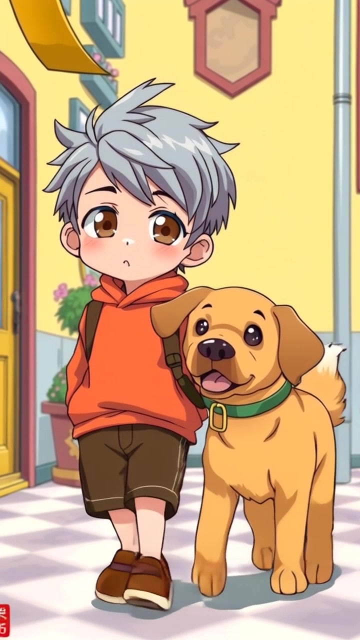 Subject: Little Boy with tousled brown hair, dressed in a striped t-shirt and jeans, walking alongside a scruffy yet charming Stray Dog with a wagging tail. Subject movement: Slow, steady pace as they walk together. Scene: Rustic countryside road bordered by lush green trees and wildflowers, under a clear blue sky. Camera language: Serene tracking shot following the duo from a low angle, capturing the bond between the boy and the dog. Lighting: Soft morning light filtering through the leaves, casting warm dappled shadows on the path. Atmosphere: Heartwarming, nostalgic, and filled with the joy of companionship.