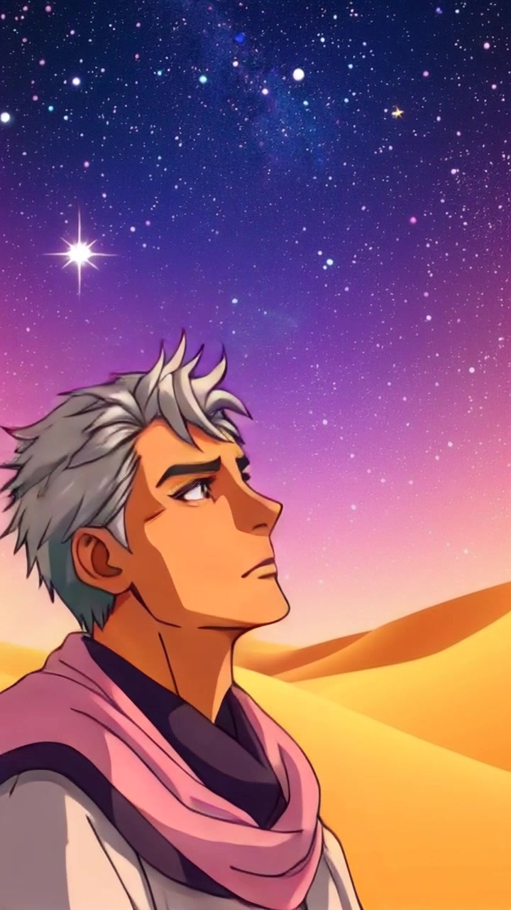 Subject: A Bedouin Nomad dressed in traditional attire, gazing up at the star-filled sky with a contemplative expression, surrounded by vast sand dunes. Scene: Desert landscape with rolling sand dunes under a star-filled sky. Camera Language: Slowly crane up from a low angle to reveal the nomad's awe-inspired perspective of the night sky. Lighting: Moonlit desert scene with soft, ethereal light casting shadows among the dunes. Atmosphere: Serene and mystical, evoking a sense of wonder and solitude.