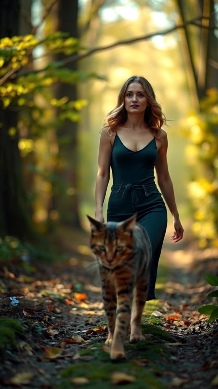 Subject: A mystical cat with shimmering fur, leading Ashley through a dense, enchanted forest. Subject description: Mystical cat with glowing eyes, ethereal patterns on its fur, graceful movements. Subject movement: The cat moves ahead with an otherworldly grace, while Ashley follows in awe. Scene: Enchanted forest with towering ancient trees, dappled sunlight filtering through lush green leaves, magical flowers blooming along the path. Camera language: Slow tracking shot following the mystical cat, smoothly gliding through the forest. Lighting: Soft, ethereal light creating a mystical atmosphere. Atmosphere: Enchanting, mysterious, and full of wonder.