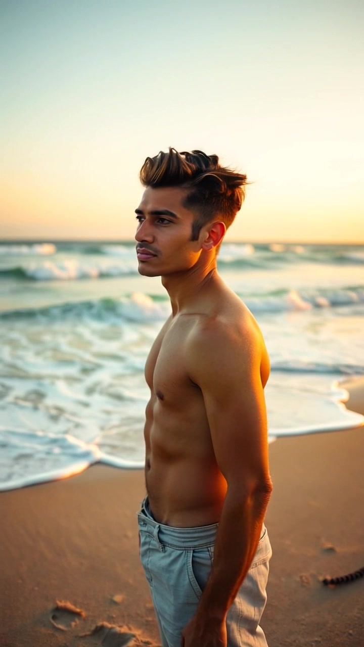 Subject: Arjun, a tall, muscular man with windswept hair and a contemplative expression, dressed in beach attire. Subject Movement: Arjun stands still on the sandy beach, gazing out at the ocean waves. Scene: Serene beach at dawn, with gentle waves rolling onto the shore and a soft golden light breaking through the horizon. Camera Language: Slow push-in on Arjun, emphasizing his connection to the vast expanse of the ocean. Lighting: Soft, warm morning light casting long shadows on the sand. Atmosphere: Peaceful, introspective, with a sense of stillness and contemplation.