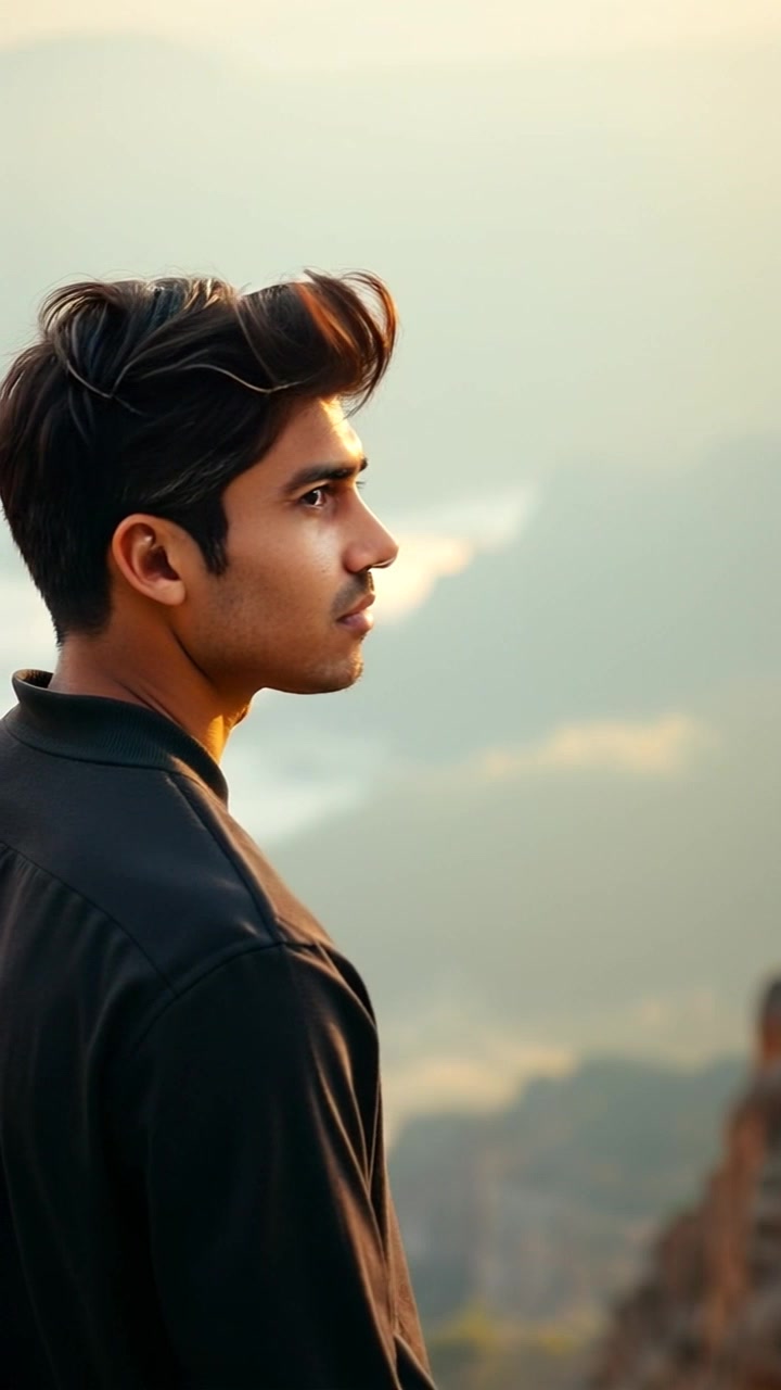 Subject: Arjun - Build: Athletic, Hairstyle and color: Short dark hair, Clothing and accessories: Casual outdoor attire, Facial features: Determined expression, Body posture: Standing at the edge of a cliff. Scene: Cliff edge overlooking a vast, mist-covered mountain range during golden hour. Style: Golden-hour lighting casting warm hues on the landscape. Camera Language: Slow dolly in on Arjun, following his gaze towards the horizon. Lighting: Golden-hour light creating a warm, atmospheric glow. Atmosphere: Determined, introspective.