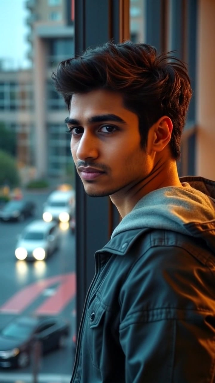 Subject: Rahul, a contemplative man with a lean build, short black hair, wearing casual attire, and a thoughtful expression on his face. Movement: Rahul is standing still by a window, gazing out at a rainy cityscape. Scene: Urban apartment setting with a large window overlooking a city skyline blurred by rain. Camera Language: Slow zoom towards Rahul as he continues to look out, capturing the emotion in his eyes. Lighting: Soft, muted evening light filtering through the raindrops on the window, creating a melancholic atmosphere.