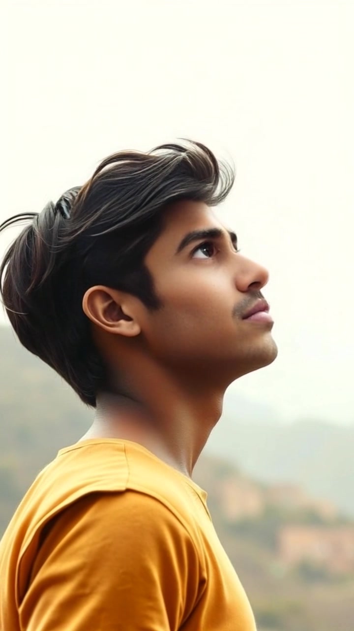 Subject: A determined young Arjun with a strong build and intense expression, wearing traditional attire and a determined hairstyle, standing on a hillside. Subject Movement: Stillness. Scene: A vast hilltop at sunset with warm, golden-hour lighting casting long shadows. Camera Language: Slowly push in towards Arjun, capturing his gaze towards the sky with determination. Lighting: Warm, golden-hour light, casting a rich, saturated glow on the landscape. Atmosphere: Inspiring and hopeful.
