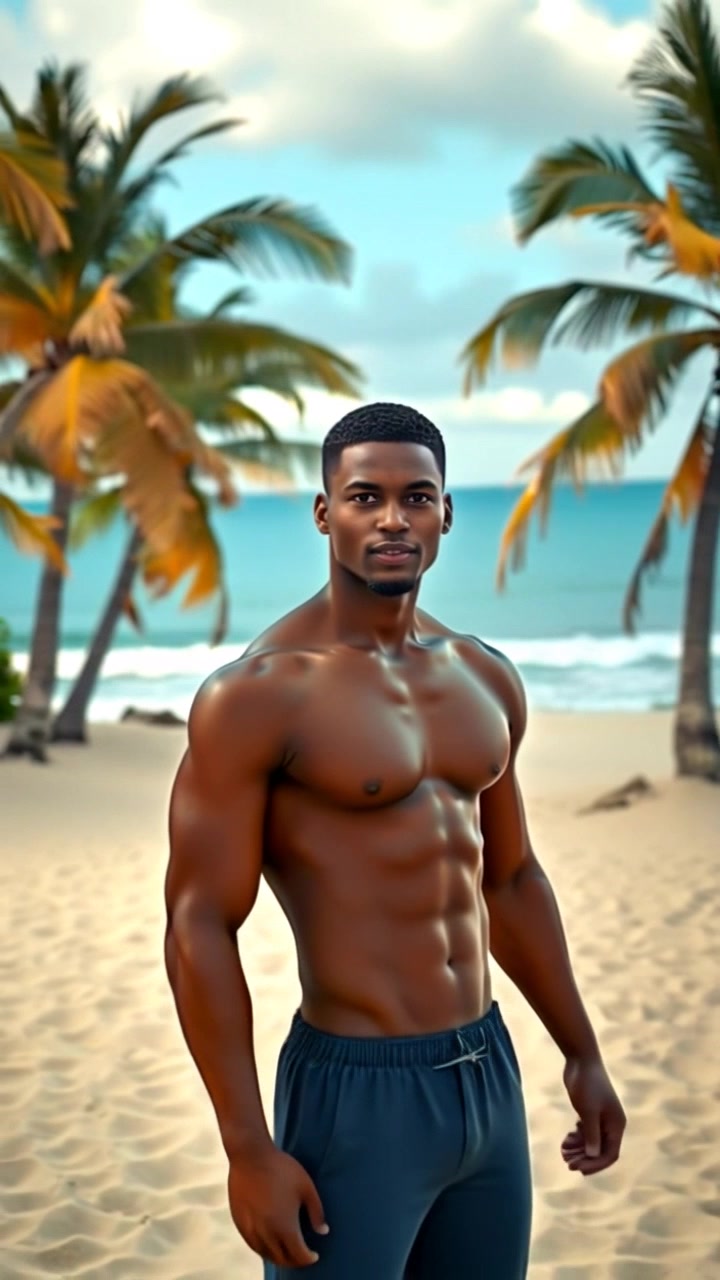 Subject: Isaiah - Athletic build, Short buzzed haircut, Casual beach attire, Expressive facial features, Standing confidently facing the ocean. Scene: Sandy beach with swaying palm trees and gentle ocean waves. Style: Soft, golden hour lighting casting a warm glow, creating a serene atmosphere. Camera: Slow push-in towards Isaiah from a wide shot, capturing the tranquility and vastness of the beach surroundings.