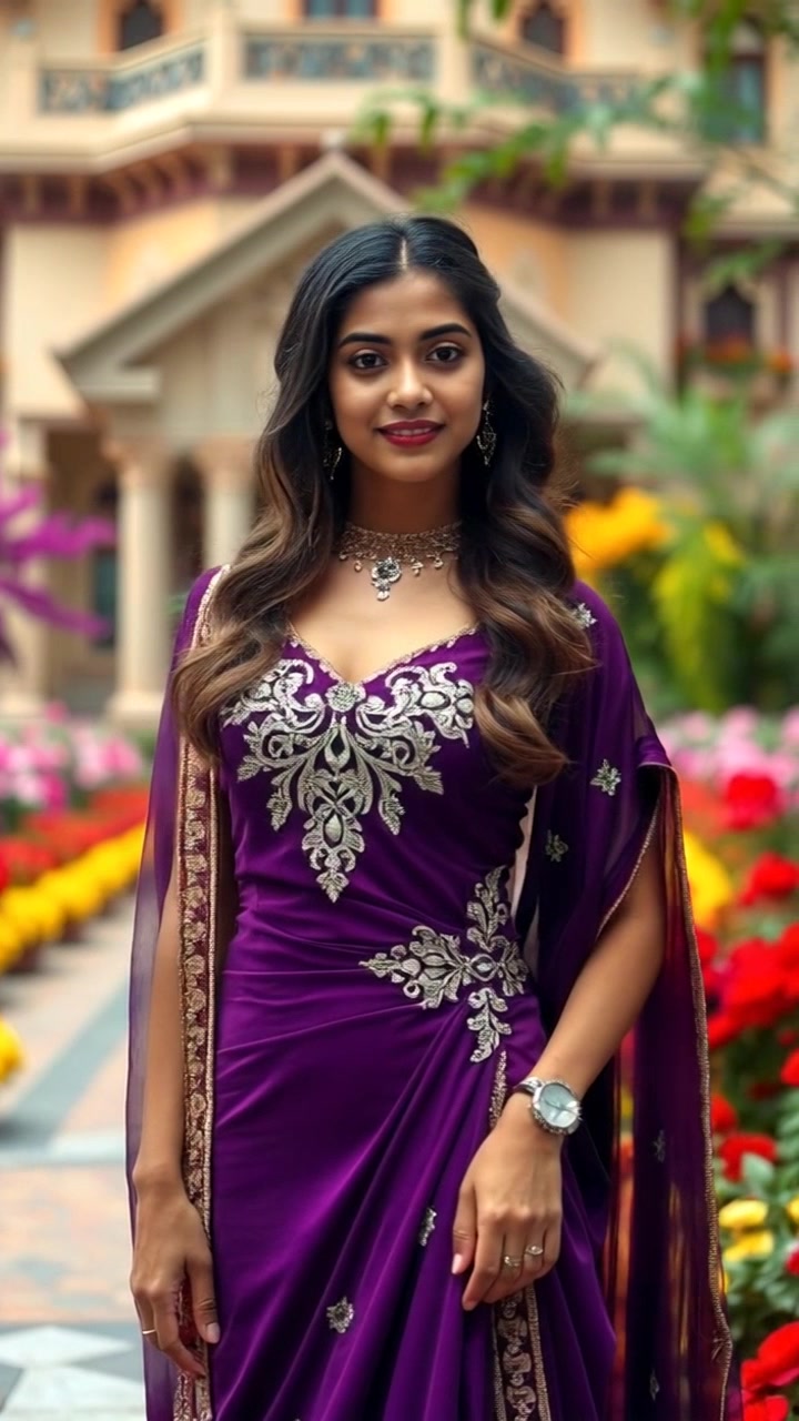Subject: Priya in an elegant royal dress exudes confidence amidst a vibrant palace garden filled with colorful flowers. Subject movement: Priya stands proudly in a regal posture, radiating grace and poise. Scene: Lush palace garden setting with an abundance of colorful flowers creating a picturesque backdrop. Camera language: Slow dolly in towards Priya to capture the elegance and grandeur of her presence. Lighting: Soft, natural sunlight filtering through the leaves, casting a warm glow on Priya's figure and the surrounding flora. Atmosphere: Majestic, regal ambiance accentuated by the opulence of the garden and Priya's dignified stance.