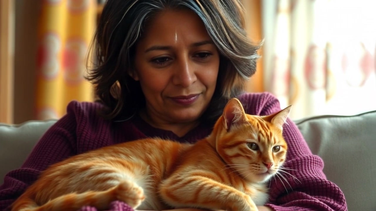 Subject: Asha with cat Meong - Build: Petite, Long black hair, Casual home attire, Calm facial features, Relaxed posture. Subject Movement: Stillness. Scene: Cozy living room setting with warm sunlight filtering through sheer curtains, shelves of books in the background. Camera Language: Soft push-in slowly to focus on Asha and Meong, capturing the intimate moment. Lighting: Soft morning light creating gentle shadows and highlights. Atmosphere: Peaceful, serene ambiance.