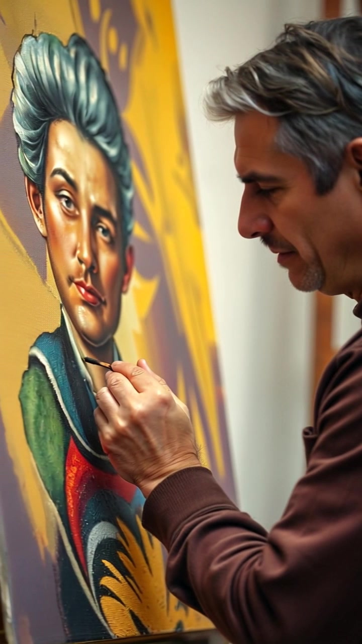 Subject: Omar, a young artist with a determined expression focused on replicating a famous painting, wearing a paint-splattered apron and glasses. Movement: Omar's brush strokes are deliberate and methodical as he recreates each intricate detail. Scene: Art-filled studio bathed in warm afternoon light, showcasing shelves of colorful paint tubes and a large canvas easel with the iconic masterpiece in progress. Camera Language: Slow circular dolly around Omar, emphasizing his artistic process and dedication to his craft. Lighting: Soft, golden-hour glow illuminating the studio space with a sense of creativity and inspiration. Atmosphere: Serene, contemplative ambiance with a touch of artistic passion and dedication.