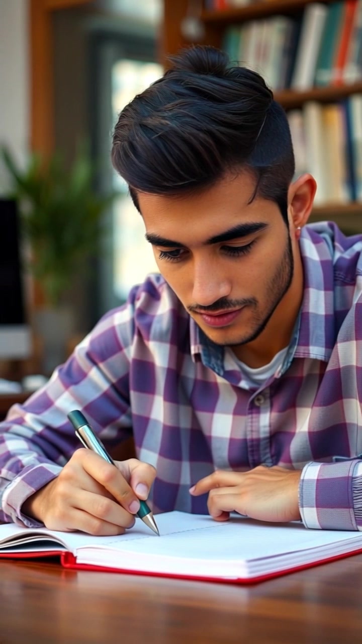Subject: Amir, a focused individual with a slender build, short dark hair, dressed casually in a t-shirt and jeans. Subject Movement: Sitting still at a wooden desk, writing intently in a notebook. Scene: Cozy home office setting with soft natural light filtering through curtains, accompanied by stacks of books and a desktop computer. Camera Language: Slow push into a close-up shot of Amir's face as he concentrates on his writing task. Lighting: Soft natural light creating a warm and inviting atmosphere in the room.