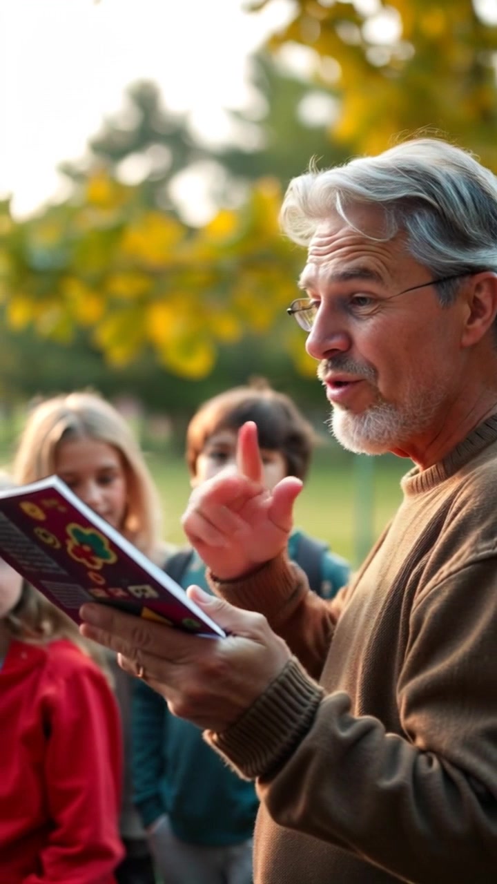 Subject: Mark, a middle-aged man with a warm smile, casual attire, and expressive gestures as he captivates a group of children with a story. Subject Movement: Mark gesticulating animatedly while the children listen intently, a mix of stillness and dynamic engagement. Scene: Lush green park with a scattered group of kids seated around Mark on a patch of grass, under a canopy of trees. Camera Language: Gentle dolly-in on Mark's storytelling, framing his interaction with the attentive children. Lighting: Soft afternoon sunlight filtering through the leaves, casting dappled shadows on the grass. Atmosphere: Wholesome, engaging, and heartwarming, fostering a sense of community and wonder.