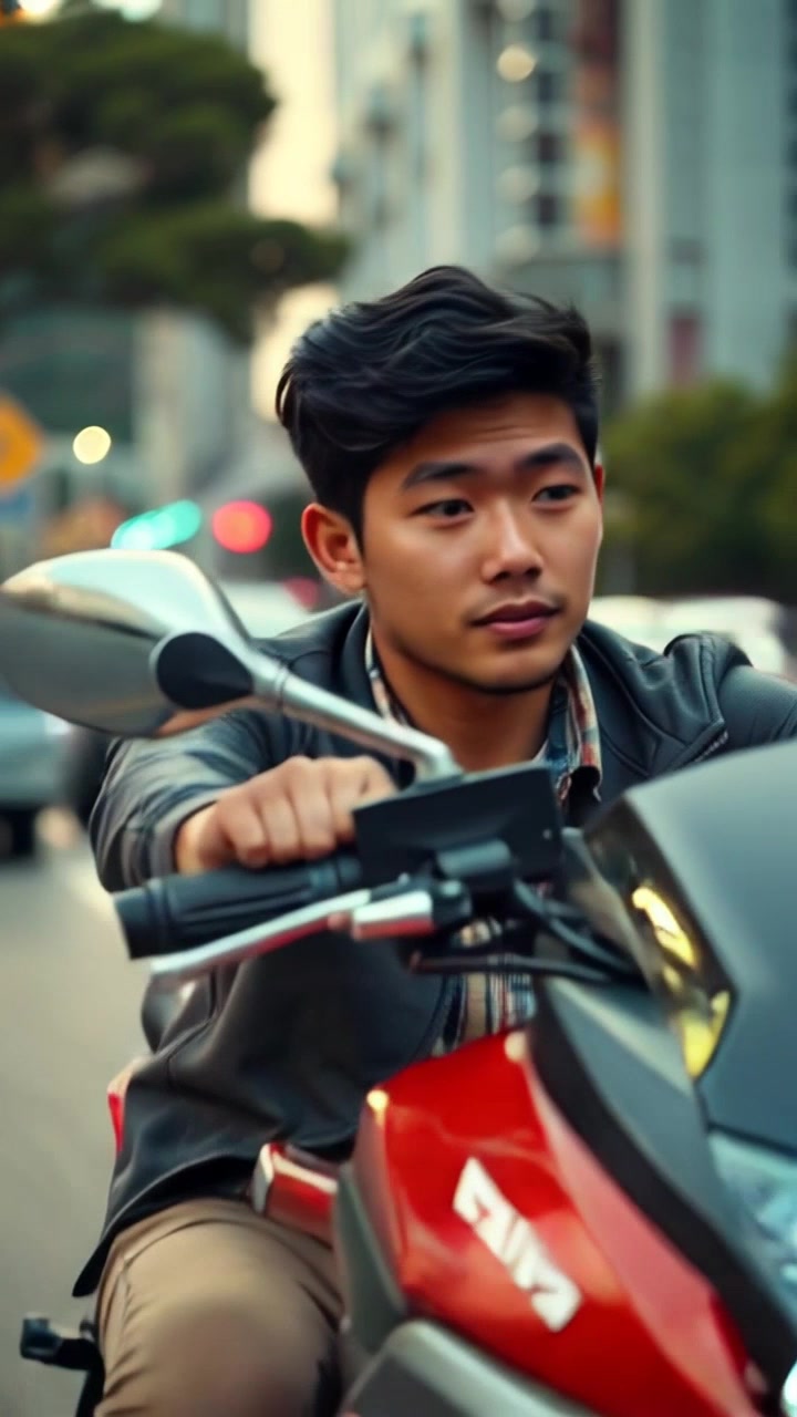 Subject: Ken, a focused motorcycle rider, wearing a leather jacket and a helmet with a reflective visor. He has a determined expression on his face as he navigates the bustling city streets. Subject Movement: Ken is riding his motorcycle, smoothly maneuvering through traffic with a controlled yet dynamic movement. Scene: Urban cityscape with skyscrapers whizzing by, neon lights reflecting off wet streets from recent rain. Camera Language: Swift tracking shot following Ken's motorcycle, low angles capturing the speed and intensity of the ride. Lighting: Neon lights creating a mix of cool and warm tones, enhancing the urban nighttime ambiance. Atmosphere: High-energy, suspenseful atmosphere with a sense of urgency and exhilaration.