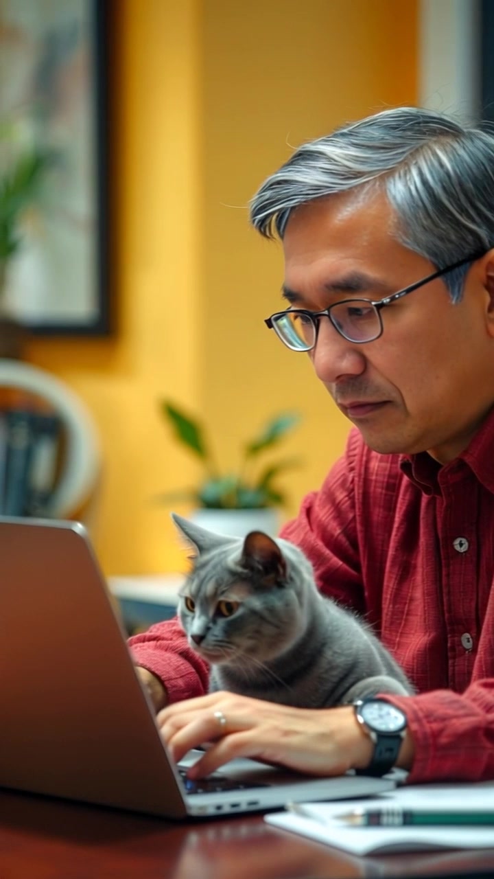 Subject: A man sitting at a desk, engrossed in his laptop with a small gray cat lounging nearby. Subject Description: Casual attire, messy hair, attentive expression, relaxed sitting posture. Subject Movement: Stillness. Scene: Home office setup with shelves of books, indoor plants, and a cozy reading nook. Scene Description: Warm ambient lighting, cluttered but cozy workspace, hints of personal touches. Camera Language: Slow push in on the man and cat, capturing their shared moment of focus and comfort. Lighting: Soft afternoon sunlight filtering through window blinds, casting warm pools of light. Atmosphere: Comforting, intimate, peaceful.