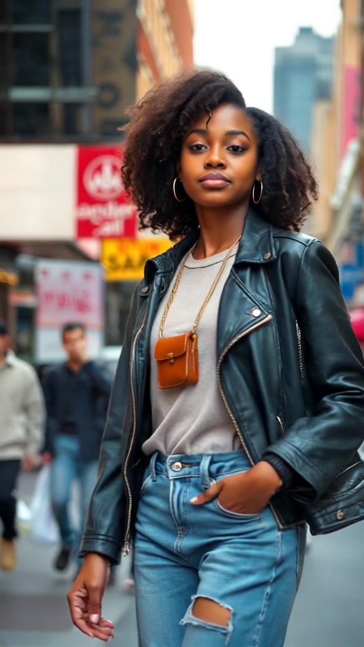 Subject: A stylish girl confidently striding down a bustling city street, exuding charisma with her unique fashion sense and bold accessories. Subject Movement: The girl maintains a steady pace, radiating confidence and individuality with each step. Scene: Urban cityscape filled with diverse passersby and modern architecture, capturing the vibrant energy of the metropolis. Camera Language: Tracking the girl from behind, following her elegant movements while showcasing the dynamic city surroundings. Lighting: Golden hour hues casting warm, flattering light on the scene, enhancing the girl's fashionable attire. Atmosphere: Energetic, stylish, and bustling with urban charm.