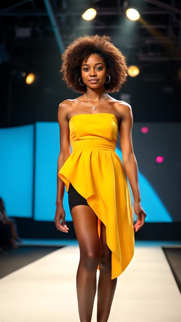 Subject: Nia, a model with a commanding presence, exuding confidence on the catwalk under a spotlight. Subject Description: Striking build and features, sleek runway outfit, radiant under the spotlight, poise and grace in every step. Subject Movement: Confident stride down the catwalk. Scene: Fashion show runway with a sleek, modern design and dramatic lighting. Scene Description: High fashion environment with minimalist decor, focused on the runway. Camera Language: Tracking shot following Nia's confident walk down the catwalk. Lighting: Spotlight highlighting Nia's features on the runway. Atmosphere: Glamorous, high-energy ambiance.