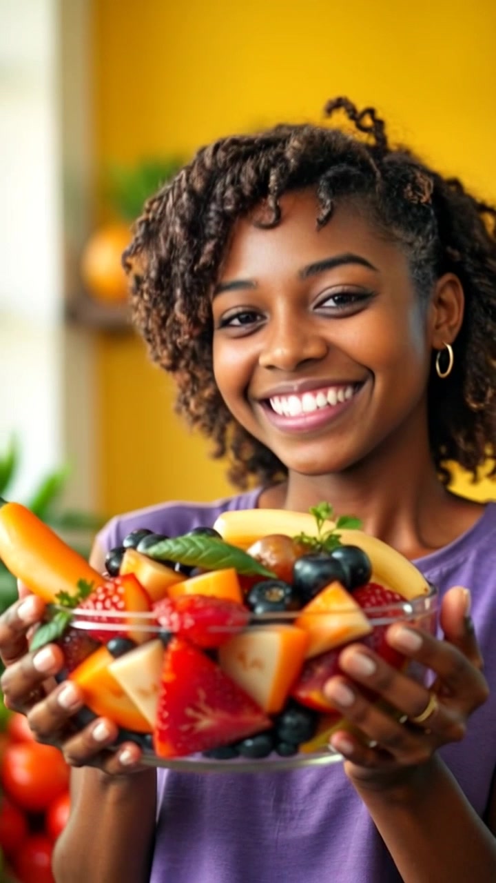 Subject: A determined woman holding a fruit salad bowl, smiling brightly, with radiant energy. Subject Movement: Still. Scene: Vibrant kitchen filled with fresh produce and natural light streaming in from large windows. Camera Language: Slow zoom in on the woman's face, focusing on her joyful expression and the colorful fruit in the bowl. Lighting: Natural sunlight casting a warm, inviting glow. Atmosphere: Cheerful and wholesome.