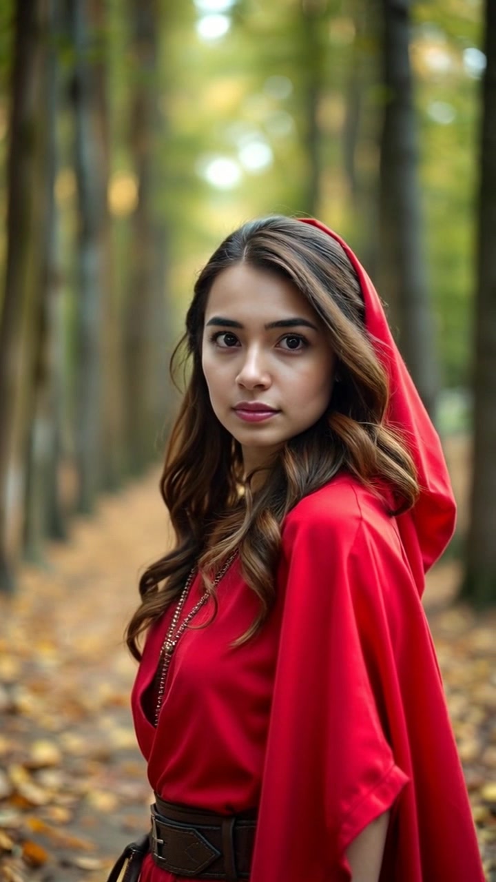 Subject: A woman named Laila standing in a forest, wearing a red cloak that billows in the wind, with a curious expression on her face. Subject Movement: Laila is still, gazing thoughtfully at her surroundings. Scene: Enchanted forest setting with dappled sunlight filtering through the trees, creating a magical atmosphere. Camera Language: Slow dolly in towards Laila, capturing the intricate details of the forest and her contemplative demeanor. Lighting: Soft, warm sunlight streaming through the leaves, casting a mesmerizing glow on Laila and the forest. Atmosphere: Whimsical, mysterious, and filled with a sense of wonder.