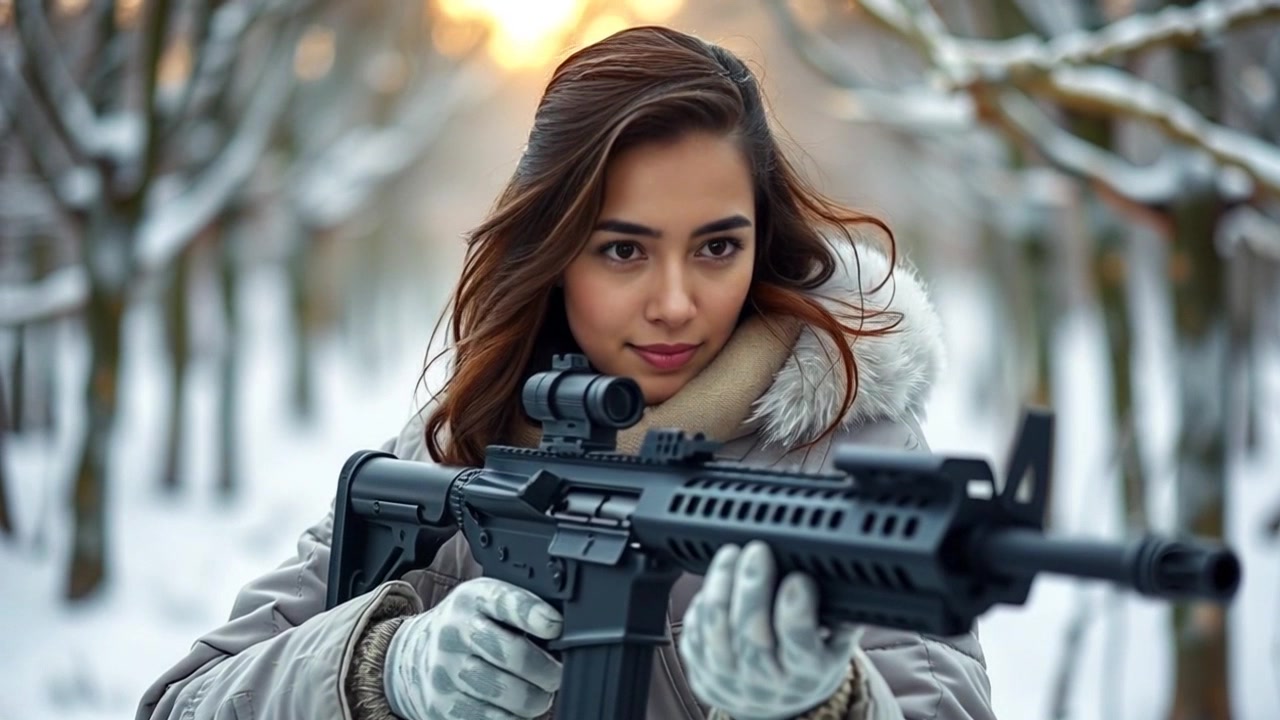 Subject: Laila in white camouflage gear, with a rifle, appearing tense and focused. Subject Movement: Stationary, ready for action. Scene: Snowy forest backdrop with dense trees and a serene, wintery ambiance. Camera Language: Slow zoom in on Laila from a distance, maintaining a tight focus on her determined expression. Lighting: Soft, diffused light filtering through the snow-covered branches, creating a tranquil atmosphere.