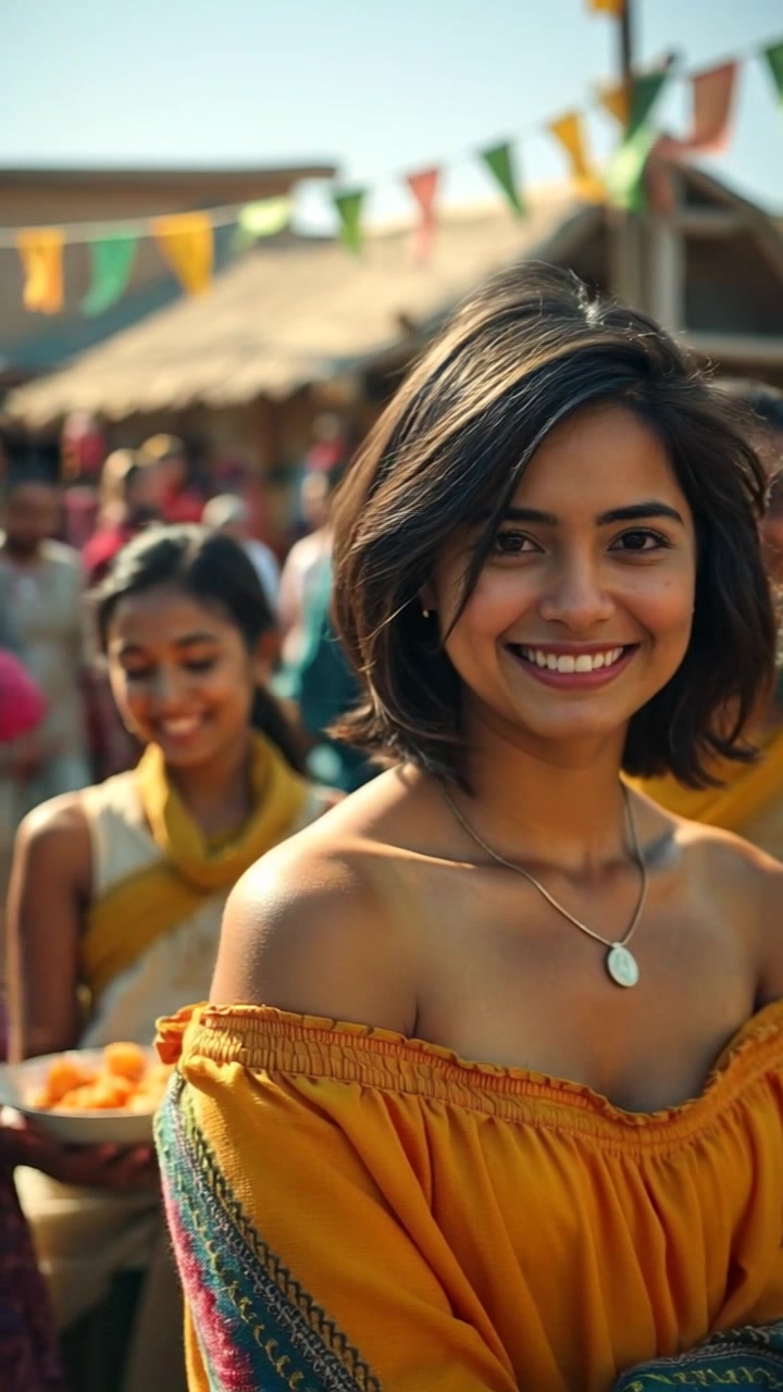 Subject: Laila exudes pride in traditional attire with intricate embroidery, her hair adorned with colorful floral accessories. She stands amongst villagers sharing food and laughter, embodying a sense of joy and community. Scene: A vibrant village square filled with bustling activity, colorful textiles, and festive decorations. Camera Language: Slow push-in on Laila, capturing her radiant expression and the lively atmosphere around her. Lighting: Warm, golden hour glow enveloping the scene, accentuating the vivacious spirit of the celebration. Atmosphere: Festive and heartwarming, with a sense of unity and happiness permeating the air.