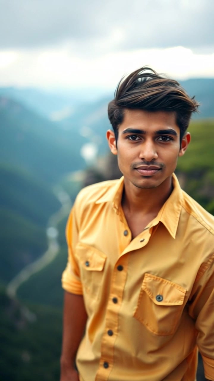 Subject: Arjun, Build: Athletic, Hairstyle: Short and styled, Clothing: Outdoor gear with a mix of adventure and practicality, Body posture: Confident stance. Subject Movement: Still. Scene: Cliff overlooking a deep valley with expansive views of the landscape below. Style: Golden-hour lighting casting warm, rich tones on the rugged terrain. Motion: Camera smoothly circles Arjun, capturing his poised demeanor against the breathtaking backdrop, before panning out to reveal the vast valley below.