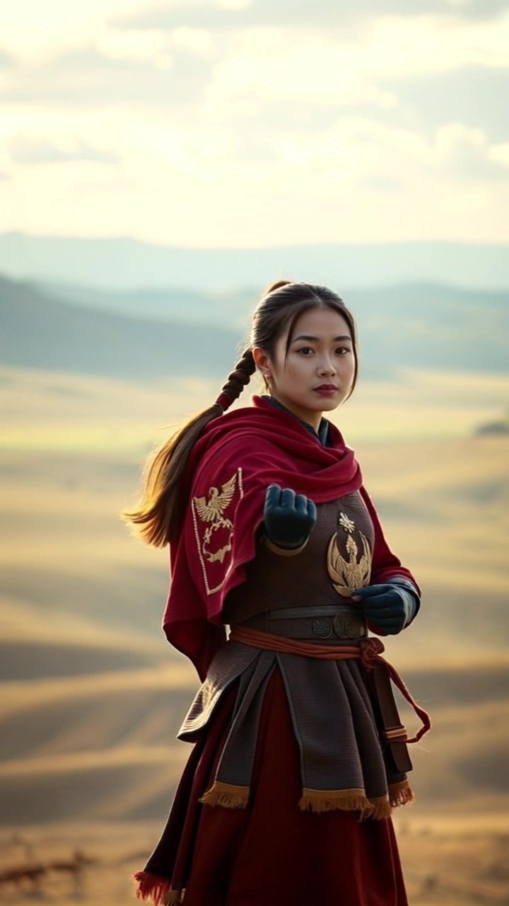 Subject: Mei in Mongolian warrior attire with traditional armor, fierce expression, long braided hair adorned with feathers. Subject movement: Stands proudly on a hilltop, overlooking vast steppes, with the wind gently rustling her attire. Scene: Expansive Mongolian steppes under a clear blue sky, featuring distant mountains and grazing horses. Camera language: Slow pan around Mei to emphasize her majestic presence against the breathtaking landscape. Lighting: Golden hour light casting warm tones and long shadows, enhancing the warrior's silhouette. Atmosphere: Serene, yet powerful; showcasing the beauty and strength of the warrior standing tall.