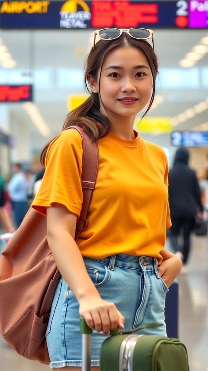 Subject: A female traveler, wearing casual travel attire with a suitcase in an airport terminal. Subject description: Casual clothing suitable for travel, holding a suitcase indicating readiness for a journey. Subject movement: Stationary position in the airport terminal. Scene: Busy airport terminal bustling with travelers and luggage, departure boards visible in the background. Scene Description: Airport terminal setting filled with people rushing around, flight information boards displaying upcoming departures. Camera language: Slowly dolly in towards the traveler, capturing the anticipation and excitement on her face. Lighting: Soft overhead airport lighting creating a warm and inviting atmosphere. Atmosphere: Busy, bustling environment filled with the excitement of travel.