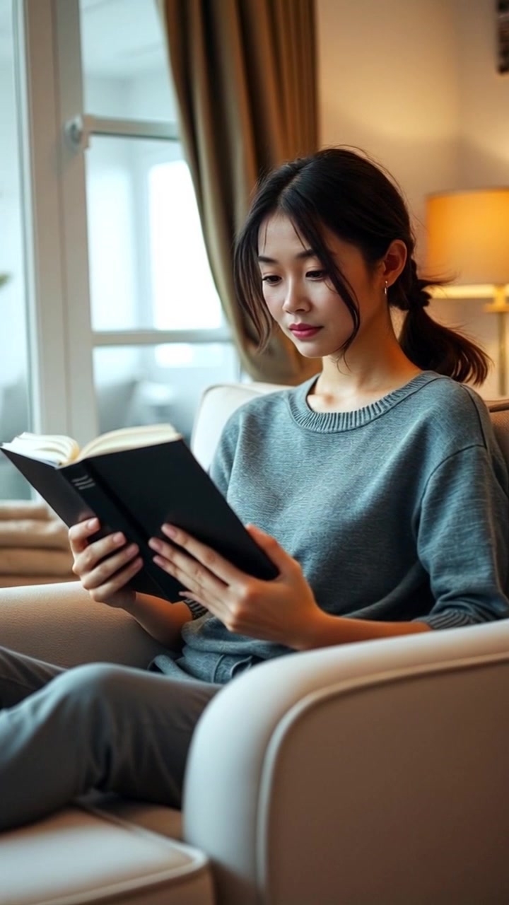 Subject: A young woman with long, flowing hair, wearing cozy attire, engrossed in a book. Subject Movement: Stillness. Scene: Cozy living room with soft chair, warm lighting filtering through sheer curtains. Camera Language: Slow zoom-in on the young woman as she reads, capturing the peaceful atmosphere. Lighting: Soft, warm ambient light creating a comfortable and inviting setting. Atmosphere: Serene and tranquil, inviting viewers into a moment of quiet relaxation.