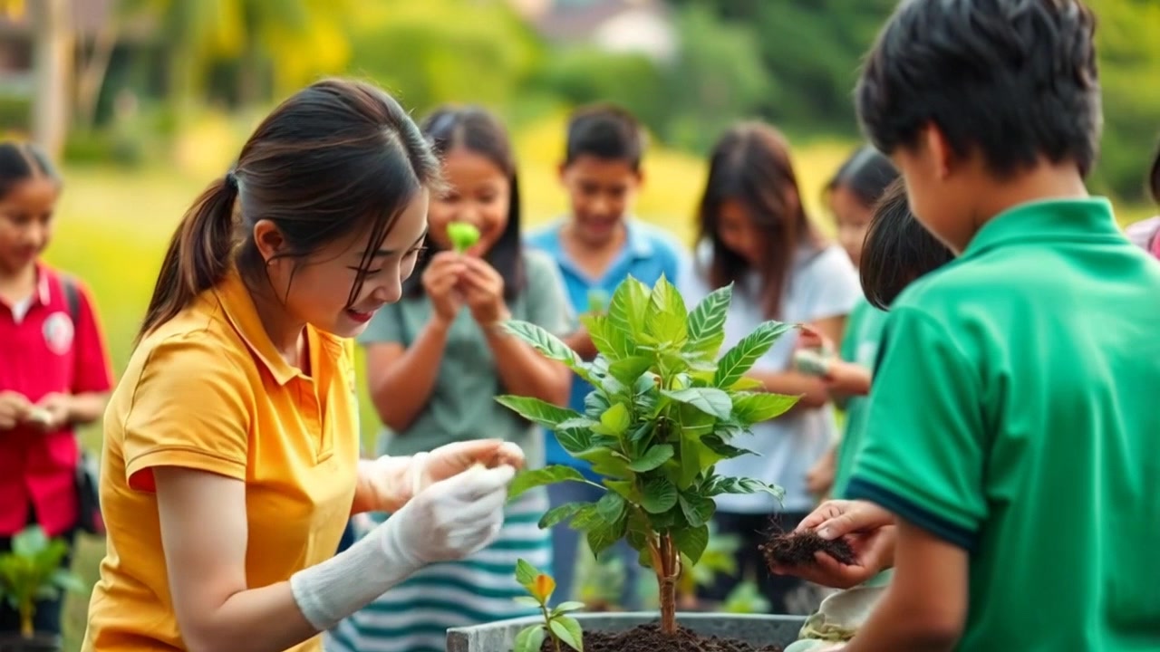 Subject: Mei - Build: Lean and athletic, Hairstyle and color: Long dark hair tied back, Clothing and accessories: Casual outdoor attire with gardening gloves, Facial features: Smiling and animated, Body posture: Bending down to plant trees with local children. Scene: Lush green field with children, trees, and gardening tools scattered around. Style: Soft, natural lighting filtering through the canopy above. Motion: Camera slowly pans around Mei and the children as they plant trees, capturing the joy and camaraderie in their conservation efforts.