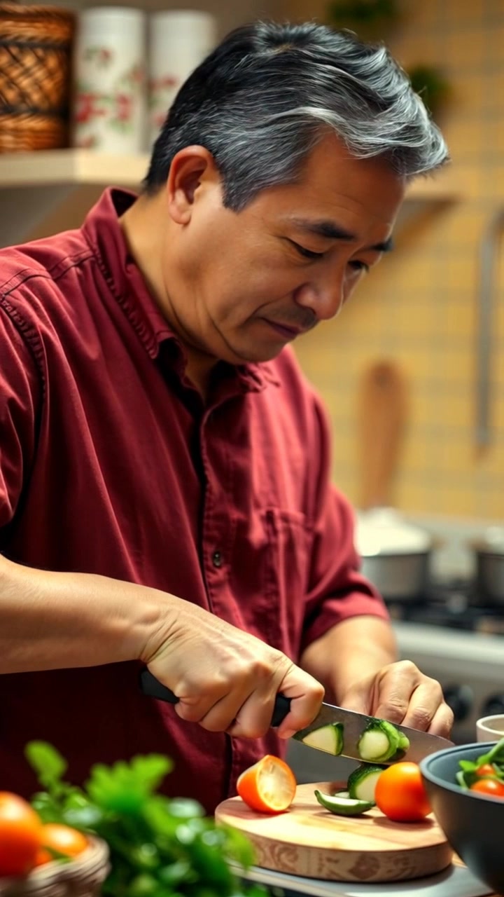 Subject: Hiro - Build: Lean and tall, Hairstyle and color: Short dark hair, Clothing and accessories: Casual kitchen attire, Facial features: Focused expression, Body posture: Determined while chopping vegetables. Scene: Modern kitchen setting with sleek countertops and hanging pots, vibrant green plants in the background. Camera Language: Slow push-in towards Hiro as he chops the vegetables, revealing the intricate details of his cooking technique. Lighting: Soft natural light streaming in from a nearby window, casting gentle shadows on the countertop. Atmosphere: Cozy and focused, with a sense of culinary mastery in the air.