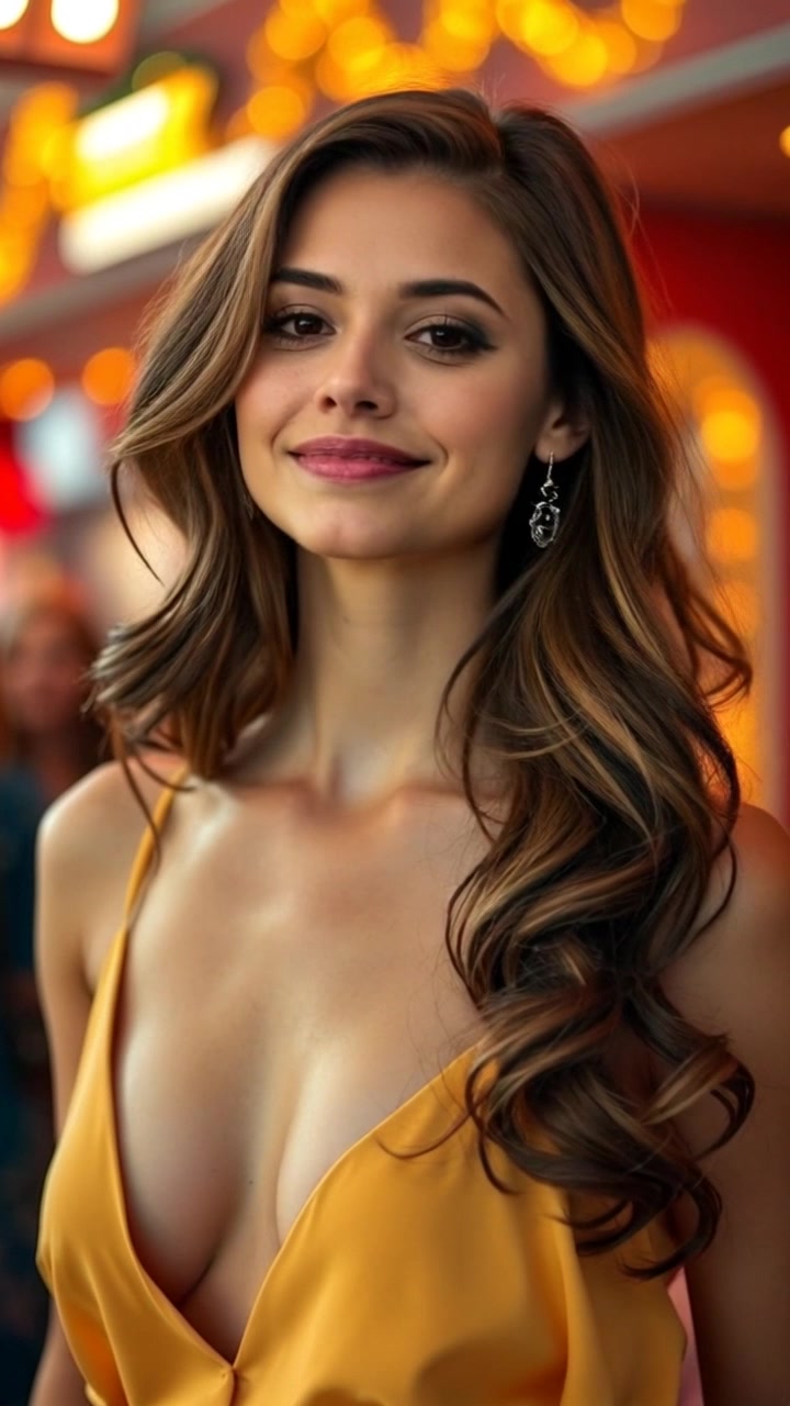 Subject: The Maya in evening attire, exuding confidence with a radiant smile, poised and elegant. Subject Movement: The Maya stands still, showcasing her graceful demeanor for a 5-second glimpse. Scene: Sophisticated cocktail party setting with ambient lighting, plush furnishings, and a hint of glamour. Camera Language: Slow zoom in on The Maya, capturing her composed expression in a cinematic close-up. Lighting: Soft evening glow enveloping the scene, highlighting the elegance of the setting. Atmosphere: Classy, refined, and inviting, evoking a sense of sophistication and charm.