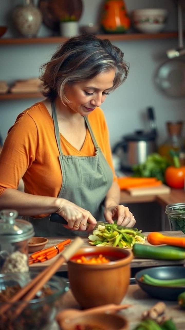 Subject: Asha, with long curly hair tied back, wearing a chef's apron over casual attire, focused on chopping vegetables and adding various spices in a bright kitchen. Subject Movement: Asha is actively engaged in food preparation, her hands chopping vegetables with precision and care. Scene: A cozy, well-lit kitchen with hanging pots and pans, shelves filled with ingredients, and a rustic wooden dining table in the background. Camera Language: Soft push-in on Asha as she skillfully prepares the dishes, capturing the vibrant colors and textures of the ingredients. Lighting: Warm natural light streaming in through the window, creating soft shadows and highlights on the kitchen surfaces. Atmosphere: Inviting and bustling, a homely feel with the aroma of fresh cooking permeating the air.