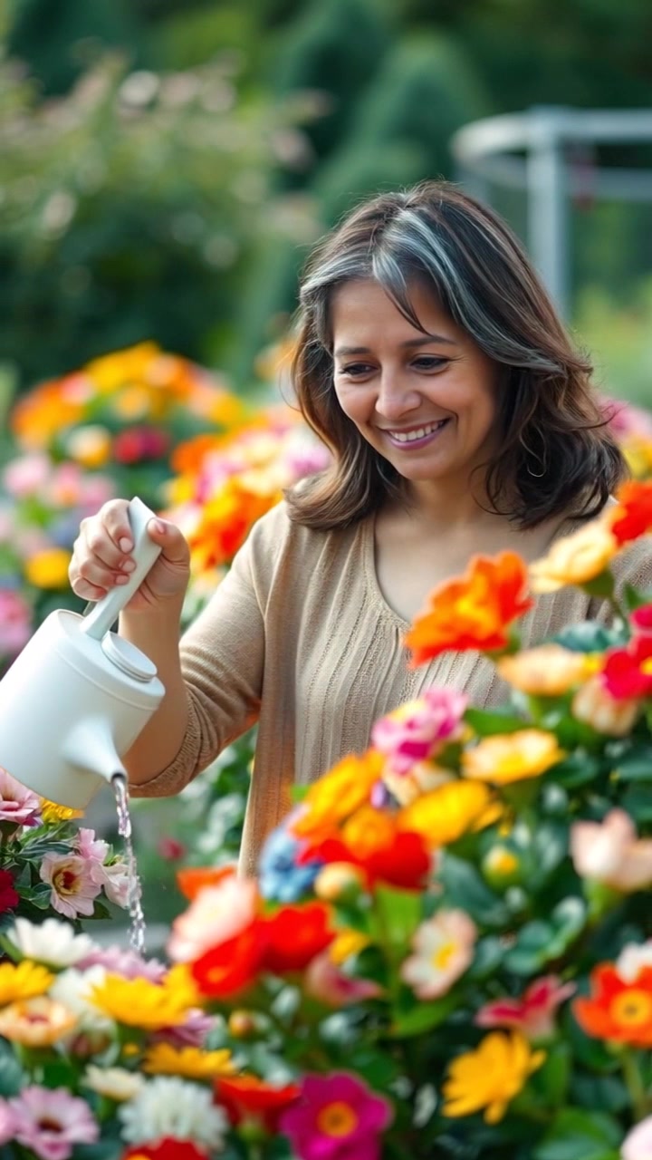 Subject: Asha, with long flowing hair, wearing a floral sundress and a straw hat, tending to a vibrant garden filled with colorful flowers. Subject Movement: Stillness as Asha smiles while delicately watering the plants. Scene: Lush garden backdrop with a variety of blooming flowers, butterflies fluttering around, and gentle sunlight filtering through the foliage. Camera Language: Slow push-in on Asha as she tends to the flowers, capturing the serene beauty of the garden. Lighting: Soft, warm sunlight creating a dreamy, ethereal atmosphere. Atmosphere: Peaceful and idyllic, evoking a sense of tranquility and natural beauty.
