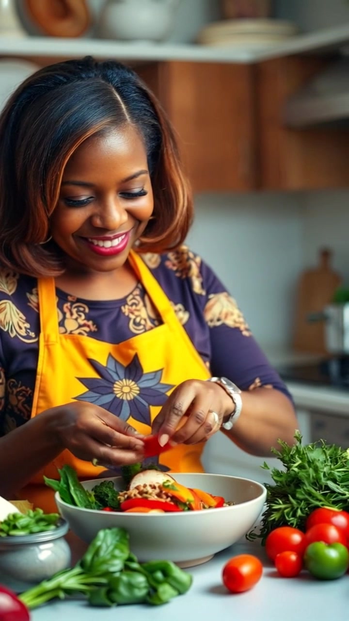 African Woman Cooking Fried Rice in a Beautiful Kitchen