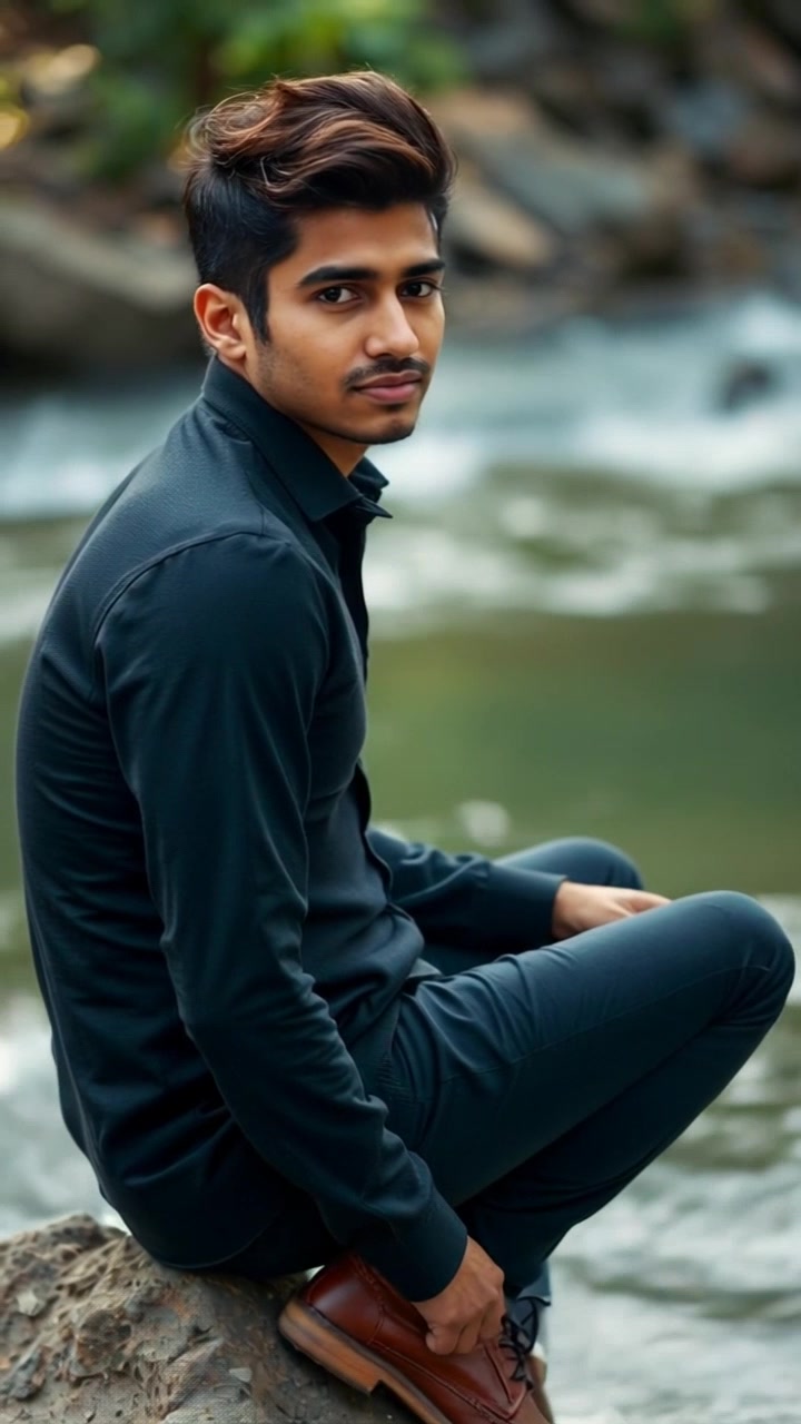 Subject: Arjun - Build: Lean, Hairstyle and color: Short black hair, Clothing and accessories: Casual outdoor wear, Facial features: Contemplative expression, Body posture: Sitting on a rock by the river. Scene: Riverside setting with a gentle flowing river and lush greenery in the background. Style: Soft morning light filtering through the trees, creating dappled patterns on the ground. Camera Language: Slow zoom in towards Arjun, focusing on his pensive gaze. Lighting: Morning light casting a warm glow on the scene. Atmosphere: Serene and contemplative.