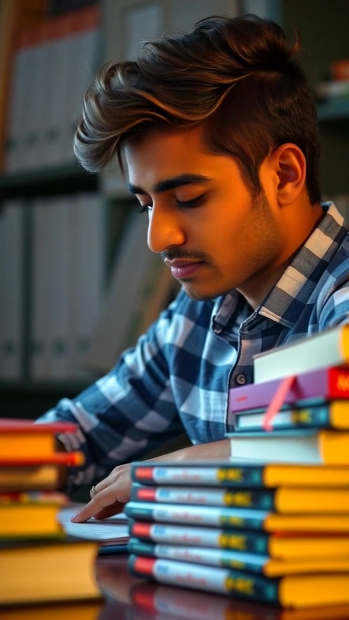 Subject: A focused student at his desk. Subject movement: Arjun turns pages of a book with determination, glancing occasionally at his notes. Scene: Comfortable study environment filled with natural light, surrounded by a stack of books and personal items on the desk. Motion: Camera slowly pushes in on Arjun as he studies, capturing the intensity of his concentration, with soft, warm morning light illuminating the scene.