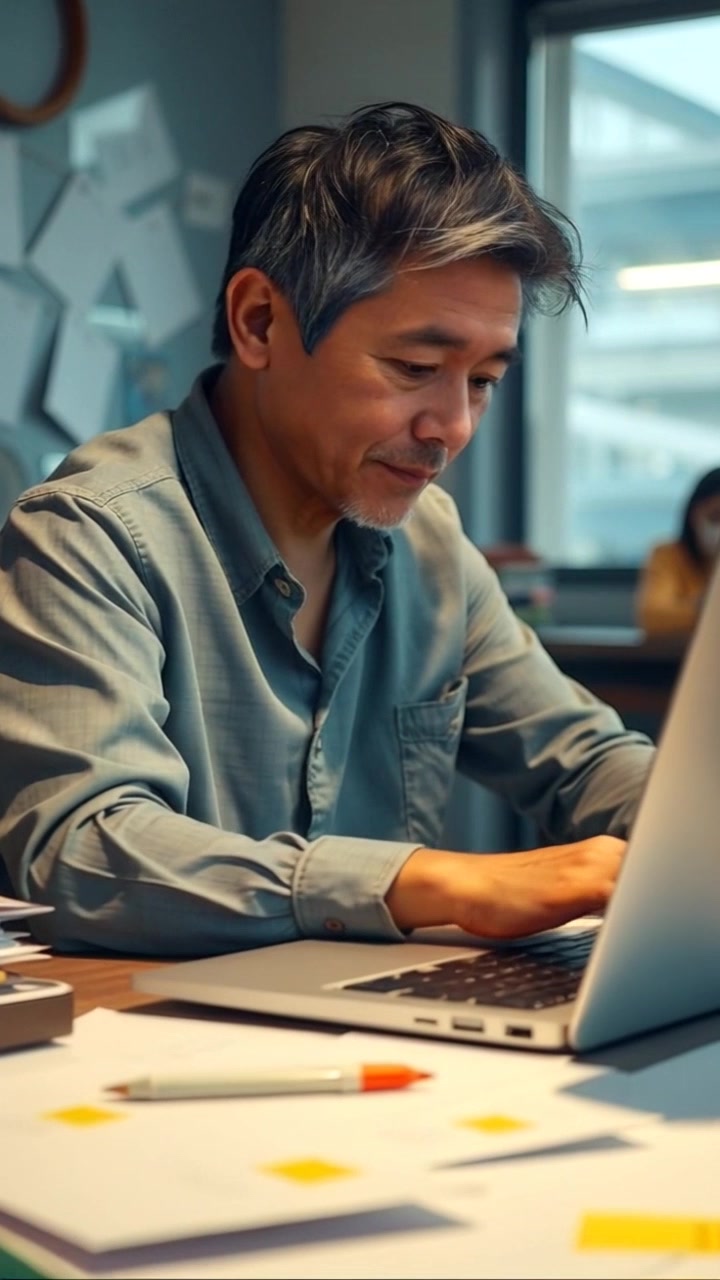 Scene: A focused individual sitting at a cluttered desk, intensely working on a laptop surrounded by scattered papers. Style: Natural daylight illuminating the workspace, creating a warm and inviting atmosphere. Motion: Camera slowly zooms in on the subject's face, capturing subtle expressions of concentration as they type.
