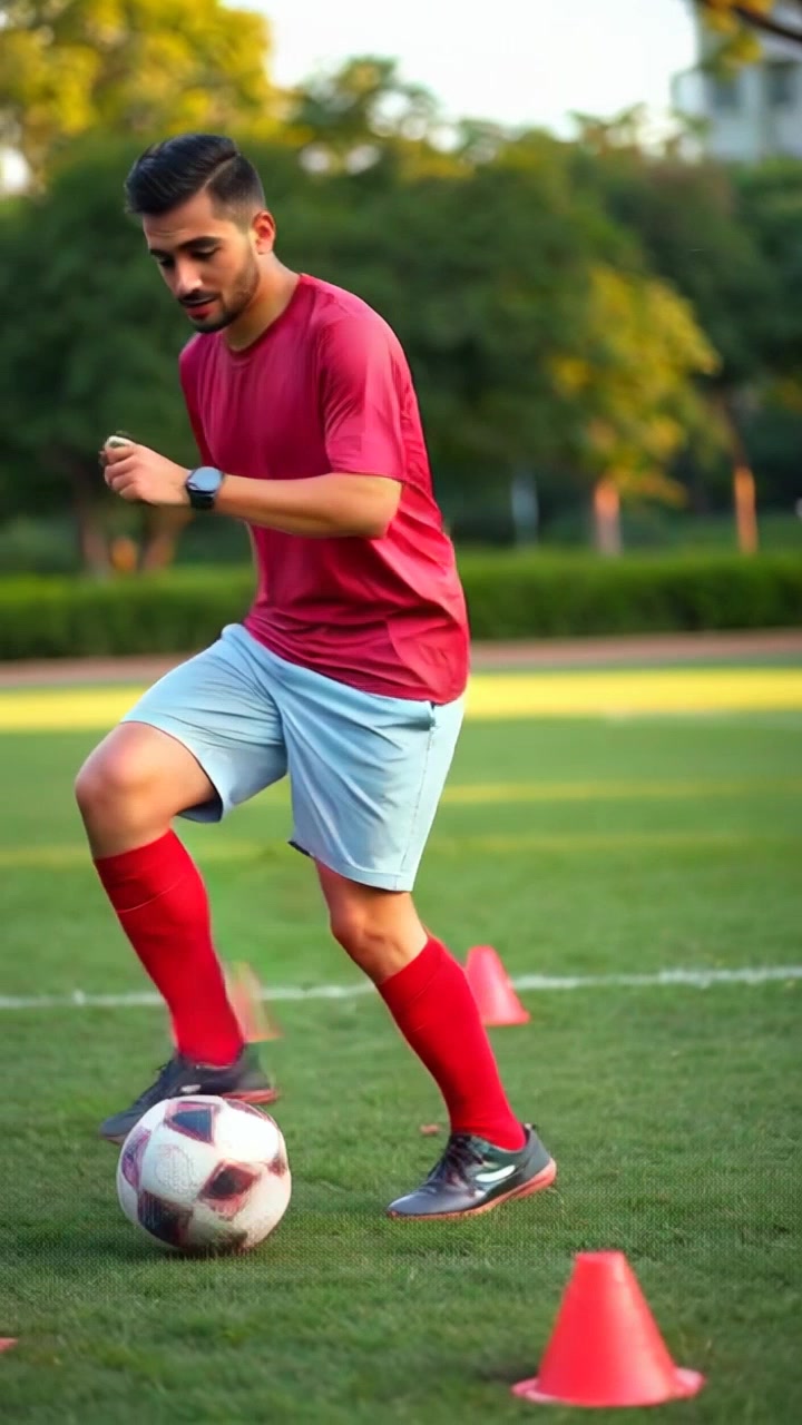 Subject: A young athlete practicing soccer skills. Subject movement: The player dribbles the ball with determination, weaving through cones in a grassy park as the sun bathes the scene in warm light. Scene: Local park with vibrant green grass and trees in the background. Motion: Handheld camera follows closely, capturing the player's footwork from varying angles, including quick pans to emphasize agility. Lighting: Soft, afternoon sunlight casting playful shadows on the ground. Atmosphere: Energetic and focused.