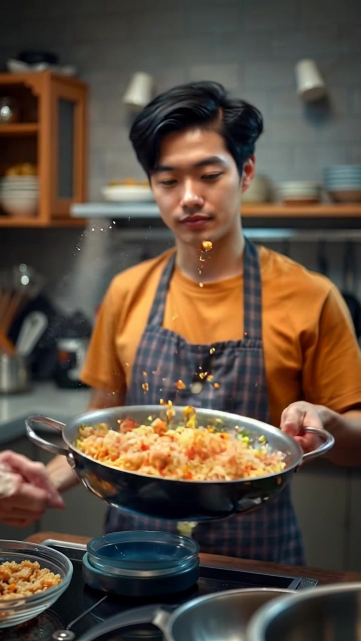 Subject: A skilled chef flipping fried rice in a small kitchen. Subject movement: The chef swiftly maneuvers the large pan, tossing the rice high into the air with precision. Scene: A cozy, warmly lit kitchen filled with colorful ingredients and cooking utensils, creating an inviting atmosphere. Motion: The camera glides smoothly around the chef, providing a dynamic perspective of the cooking process, with close-ups of the sizzling rice and vibrant vegetables.