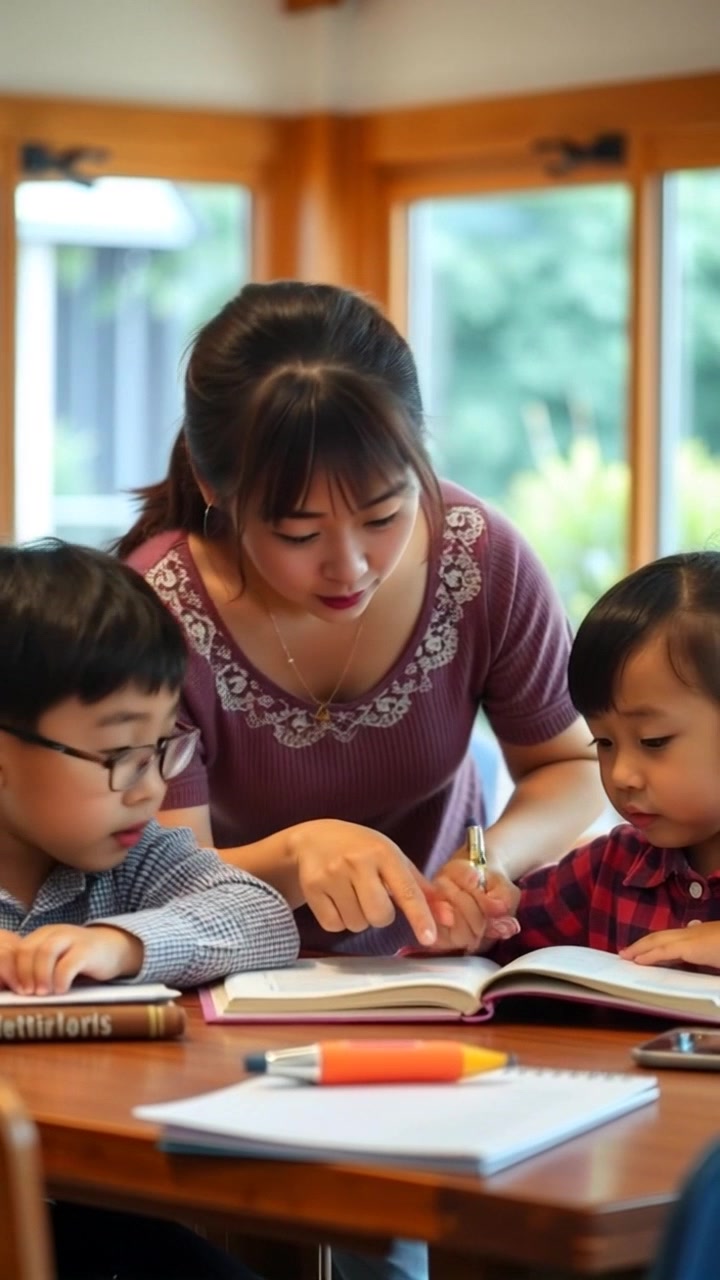 Subject: A mother assisting her children with homework. Subject movement: They lean over the dining table, pointing at texts and discussing answers with focused expressions. Scene: Cozy dining room with warm lighting, a wooden table scattered with books and papers, surrounded by family photos on the walls. Motion: The camera slowly pushes in on the group, capturing their engagement, before panning to show the vibrant table setting and the inviting atmosphere of the room.