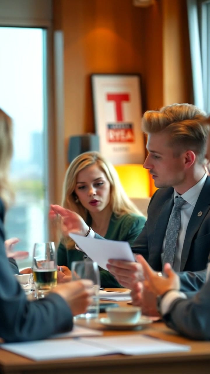 Scene: A modern meeting room with sleek furnishings, where a group of business partners is engaged in a discussion at a large oval table. Style: Bright, ambient lighting enhancing the professional atmosphere, with large windows showcasing a city skyline. Motion: The camera pans smoothly around the table, capturing the expressions and gestures of each participant as they collaborate on plans.