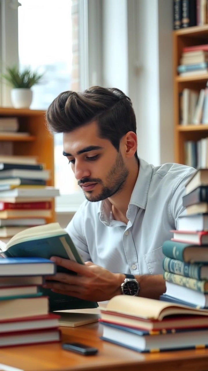 Subject: A focused student studying at his desk. Subject movement: He shifts slightly in his chair, flipping through the pages of a textbook with determination. Scene: A cozy study room filled with piles of books, soft ambient lighting creating a warm and inviting atmosphere. Motion: The camera slowly zooms in on the student as he concentrates, capturing the details of his expressions and the surrounding stacks of knowledge.