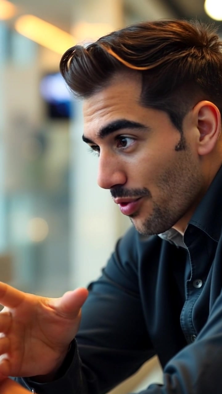 Subject: Amir leaning in while speaking, emphasizing his point with animated gestures. Subject movement: He shifts his weight slightly, conveying urgency and engagement. Scene: A modern conference room filled with soft natural light filtering through large windows, an array of contemporary furniture in the background. Lighting: Warm, inviting light enhances the atmosphere. Motion: The camera gently pushes in closer to Amir, capturing his expressions and hand movements as he speaks passionately.