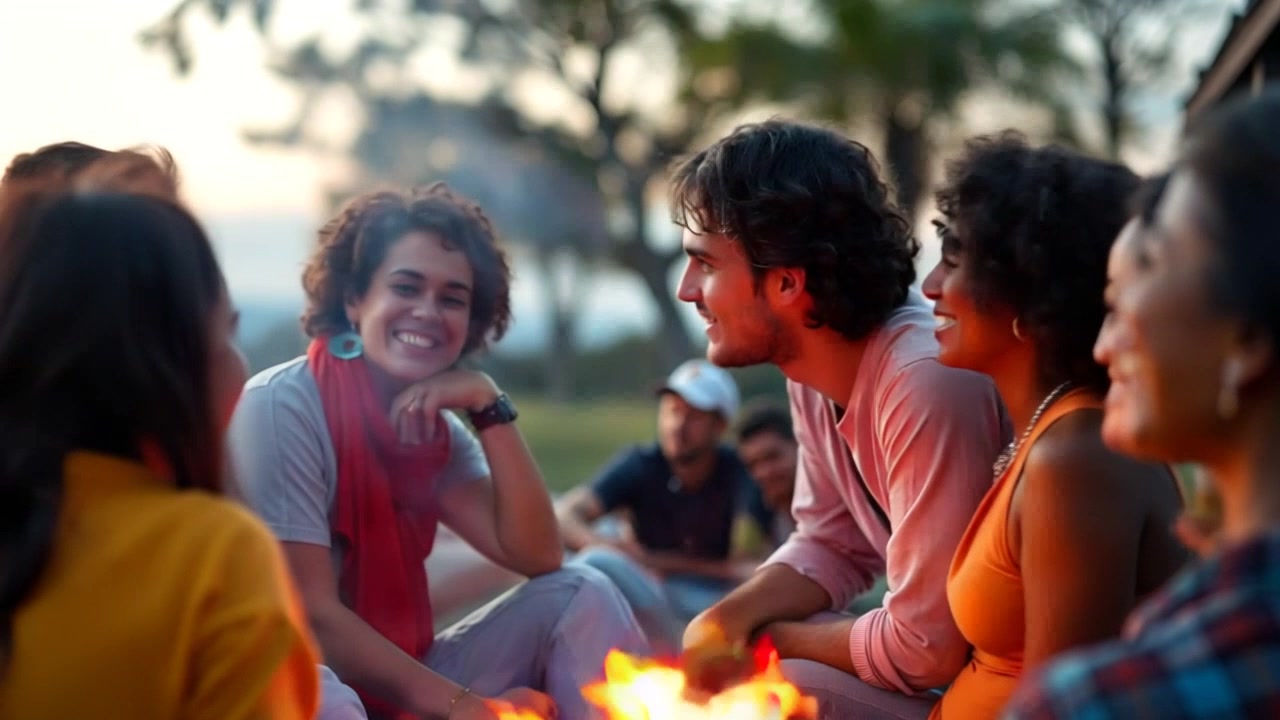Scene: A group of diverse people gathered around a crackling bonfire at dusk, animatedly sharing stories and laughter. Style: Warm, flickering campfire light illuminating their faces against the darkening sky, creating a cozy and inviting atmosphere. Motion: Camera slowly circles the group, capturing their expressions and gestures, while the flames dance and cast dynamic shadows onto the surrounding trees.