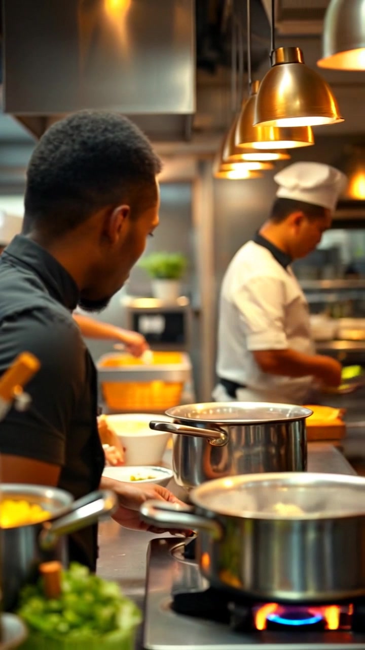 Scene: A modern restaurant kitchen bustling with chefs, with one chef overseeing the cooking process as pots bubble and ingredients are prepped. Style: Bright, ambient lighting fills the space, reflecting off stainless steel surfaces and creating a lively atmosphere. Motion: The camera fluidly pans through the kitchen, capturing the chaotic energy of chefs in action, as they chop, stir, and plate dishes with urgency.