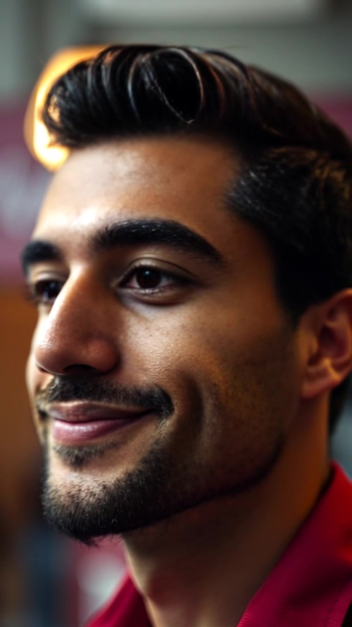 Subject: A young man nodding confidently. Subject movement: He nods slowly, a slight smile forming as he acknowledges a thought. Scene: Close-up of the young man's face, framed by a softly blurred background of a cozy coffee shop. Style: Soft, warm lighting filtering through the window, creating an inviting atmosphere. Motion: The camera gently pushes in to capture the genuine expression, emphasizing the moment of realization.