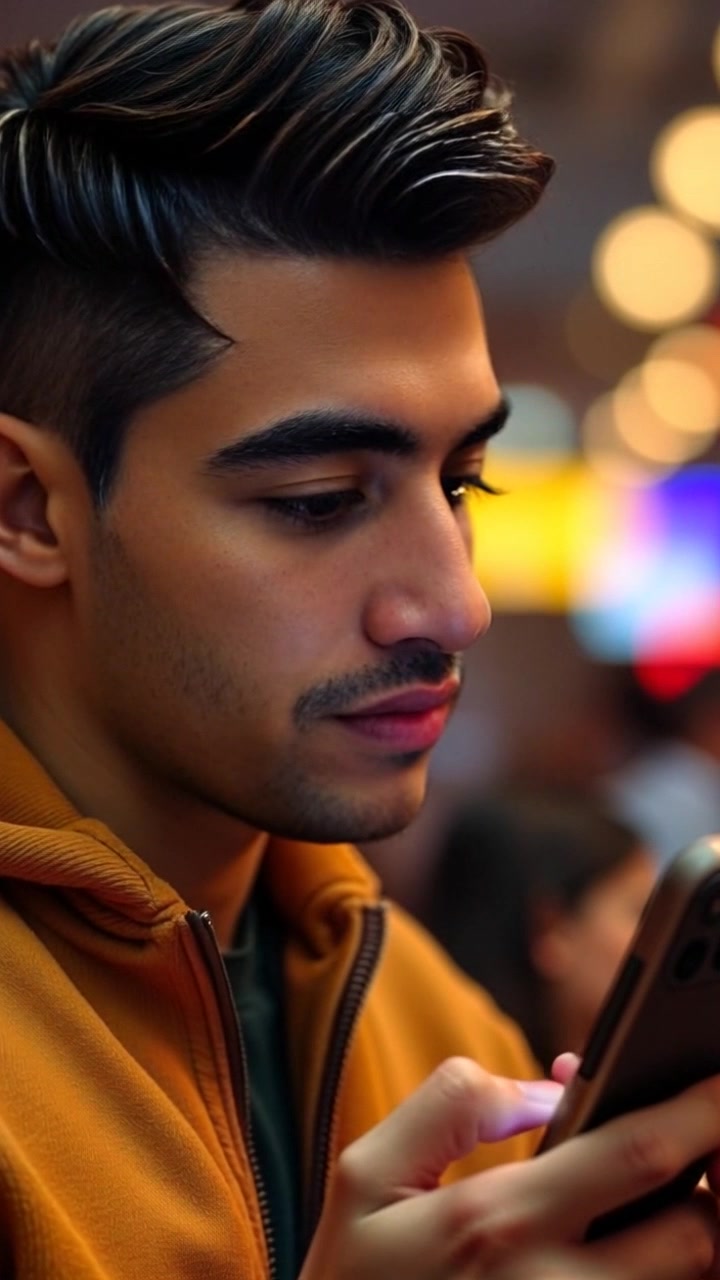 Subject: Amir gazing intently at a smartphone, his expression revealing a mix of regret and realization. Subject movement: Amir's head tilts slightly as he absorbs the content on the screen. Scene: A dimly lit room with soft shadows and muted colors, creating an introspective atmosphere. Style: Warm, muted lighting that emphasizes the emotional weight of the moment. Motion: The camera slowly pushes in on Amir's face, capturing the nuances of his expression as the scene unfolds.