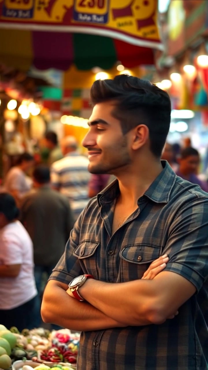 Scene: A vibrant outdoor market bustling with vendors and shoppers, rich with colorful stalls displaying various goods. Subject Movement: Amir confidently interacts with the vendors, gesturing and smiling as he admires their offerings. Style: Bright, lively lighting emphasizing the energy of the market, with a warm, inviting atmosphere. Motion: The camera smoothly tracks Amir's movements, gliding through the market while capturing the rich textures and vivid colors of the surroundings.
