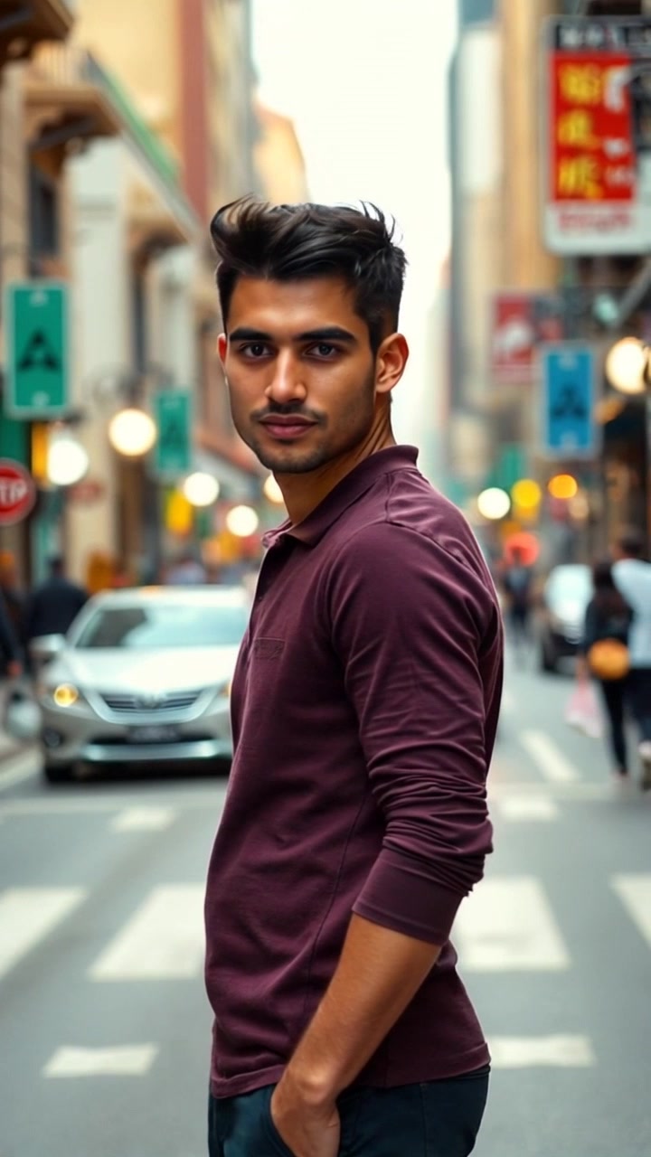 Subject: A determined individual standing confidently in the center of a busy street. Subject movement: As the camera starts, the individual appears resolute, with a subtle sway as the crowd moves around him. Scene: A bustling urban street filled with people, shops, and vibrant city life. Style: Bright daylight filtering through tall buildings, creating dynamic shadows on the pavement. Motion: The camera slowly pushes in on the individual, capturing the energy of the bustling environment while maintaining focus on his determined expression.