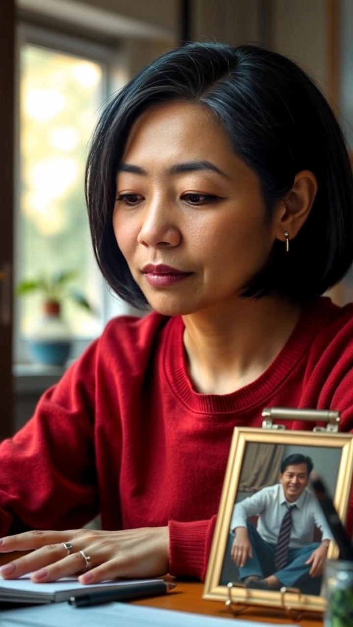 Scene: A softly lit room where Li sits at her desk, deep in thought, a framed photo of her husband placed prominently in front of her. Style: Warm, inviting lighting creating a cozy atmosphere, softened by gentle shadows. Motion: The camera slowly pushes in towards Li, capturing her contemplative expression while subtly focusing on the photo, drawing the viewer into her moment of reflection.