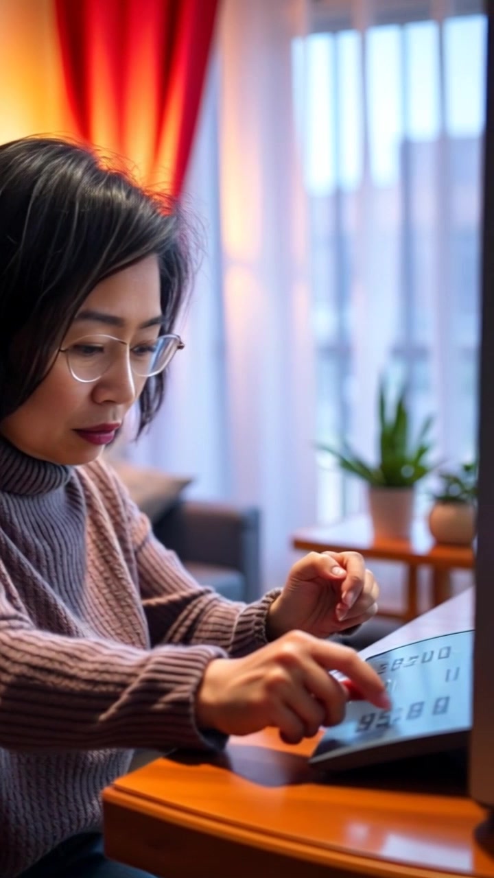 Subject: A person named Li, who appears uncertain as she navigates through the buttons on a TV remote. Subject movement: Li is moving her hand slightly as she presses various buttons. Scene: A cozy living room with soft lighting, warm colors, and comfortable furnishings creating an inviting atmosphere. Motion: The camera performs a gentle push-in towards Li's focused expression, capturing the moment of her hesitation, then tilts slightly to show the TV screen displaying a fuzzy channel image.